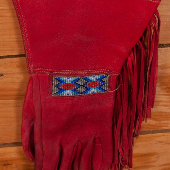 Vintage Handmade Native Style Leather Gauntlet Gloves with Beadwork and Fringe - Picture 3 of 10